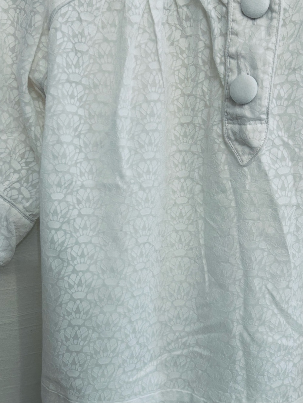 French Connection White Lace-Textured Women's Top with Yoke and Covered Buttons - Picture 6 of 8